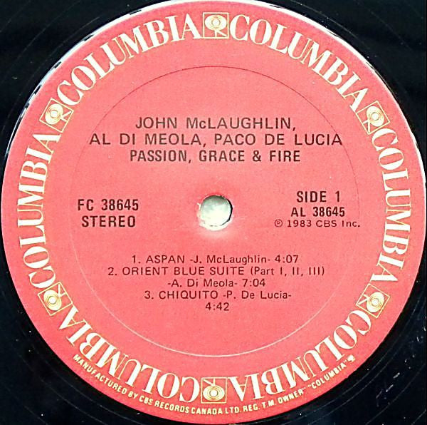 John McLaughlin, Al Di Meola, Paco De Lucía : Passion, Grace & Fire (LP, Album)
