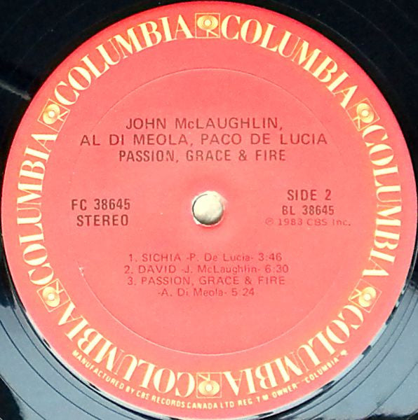 John McLaughlin, Al Di Meola, Paco De Lucía : Passion, Grace & Fire (LP, Album)