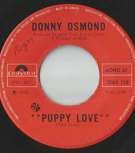 Donny Osmond : Puppy Love / Let My People Go (7", Single, Mono)