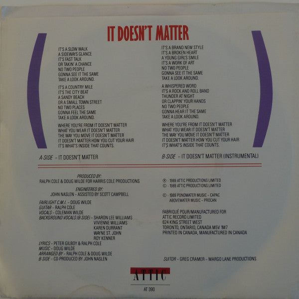 Coleman Wilde : It Doesn't Matter (7", Single)