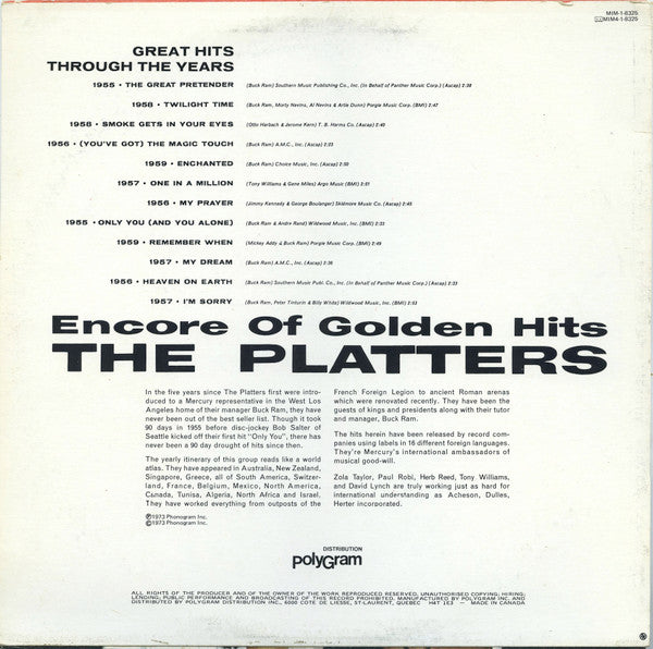 The Platters : Encore Of Golden Hits (LP, Comp, RE)