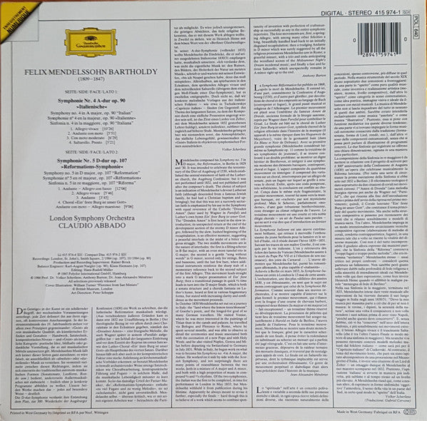 Mendelssohn*, London Symphony Orchestra, Claudio Abbado : Symphonien 4 & 5 (LP)