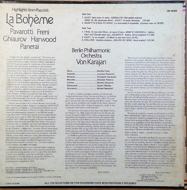 Puccini*, Pavarotti*, Freni*, Ghiaurov*, Harwood*, Panerai*, Maffeo*, Berlin Philharmonic Orchestra*, Herbert von Karajan : La Bohème Highlights (LP)