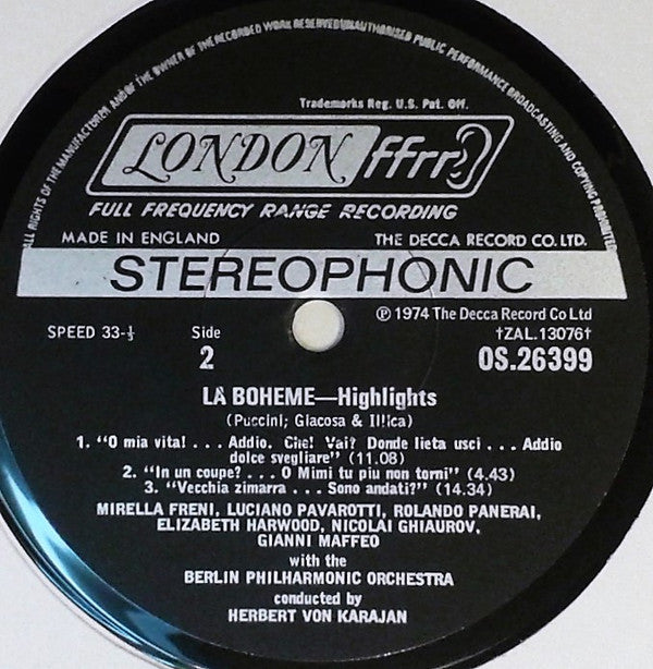 Puccini*, Pavarotti*, Freni*, Ghiaurov*, Harwood*, Panerai*, Maffeo*, Berlin Philharmonic Orchestra*, Herbert von Karajan : La Bohème Highlights (LP)