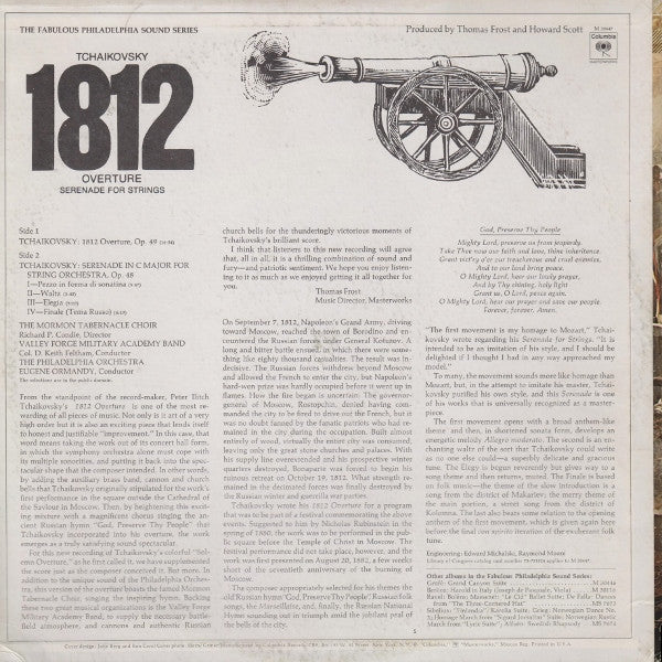 Tchaikovsky* / Eugene Ormandy, Philadelphia Orchestra*, Mormon Tabernacle Choir, Valley Forge Military Academy Band : 1812 Overture / Serenade For Strings (LP, Album)
