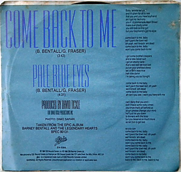 Barney Bentall And The Legendary Hearts : Come Back To Me (7", Single)