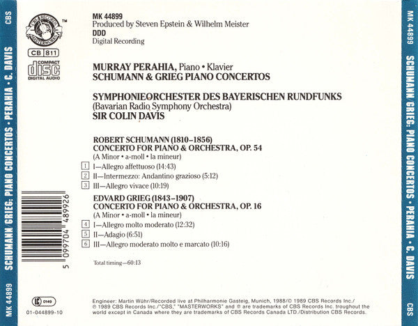 Murray Perahia, Robert Schumann • Edvard Grieg, Symphonie-Orchester Des Bayerischen Rundfunks, Sir Colin Davis : Piano Concertos (CD, Album)