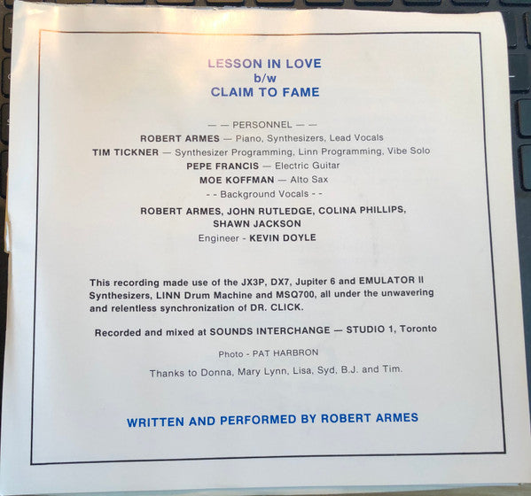 Robert Armes : Lessons In Love / Claim To Fame (7")