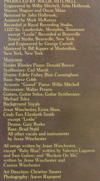 Jesse Winchester : Talk Memphis (LP, Album)