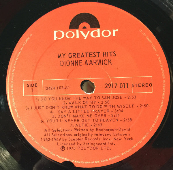 Dionne Warwick : My Greatest Hits (LP, Comp, RE)
