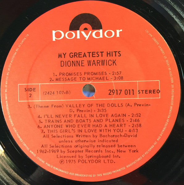 Dionne Warwick : My Greatest Hits (LP, Comp, RE)
