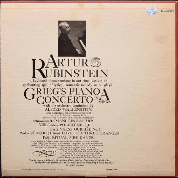 Arthur Rubinstein, Edvard Grieg, Alfred Wallenstein : Piano Concerto (LP)