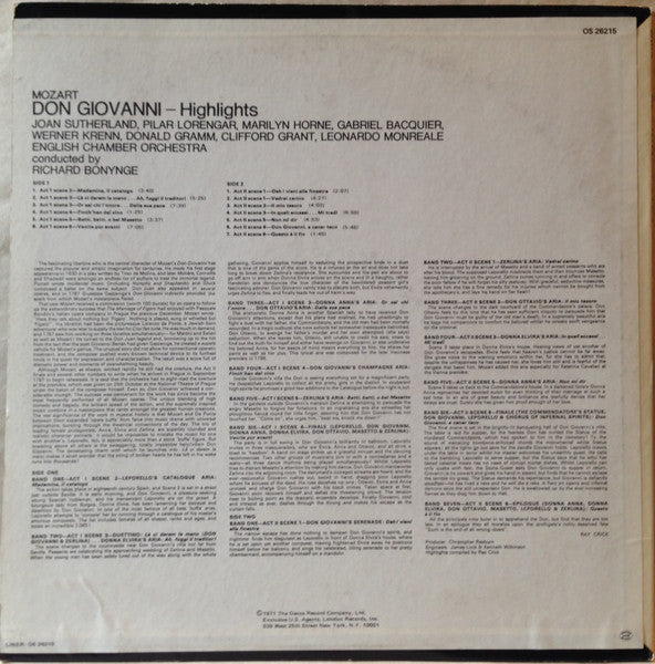 Wolfgang Amadeus Mozart / Joan Sutherland · Pilar Lorengar · Marilyn Horne · Gabriel Bacquier · Werner Krenn · Donald Gramm · English Chamber Orchestra, Richard Bonynge : Don Giovanni (Highlights) (LP, Album)
