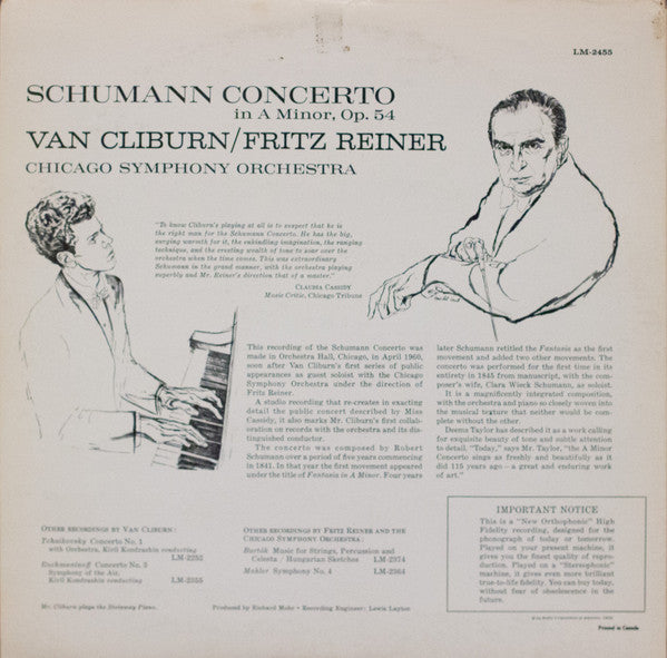 Robert Schumann - Van Cliburn, Fritz Reiner, Chicago Symphony Orchestra : Concerto In A Minor (LP, Album, Mono)