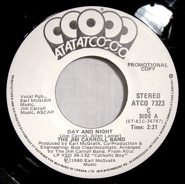 The Jim Carroll Band : Day And Night (7", Single, Promo)