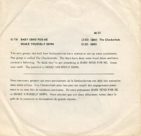 Checkerlads : Baby Send For Me / Shake Yourself Down (7", Single)