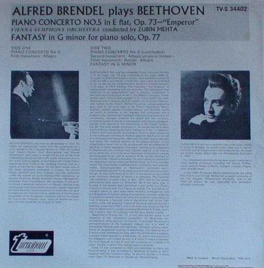 Ludwig Van Beethoven, Alfred Brendel, Wiener Symphoniker, Zubin Mehta : Piano Concerto No. 5, In E-Flat Major, Op. 73 "Emperor" / Fantasy For Piano In G Minor, Op. 77 (LP)