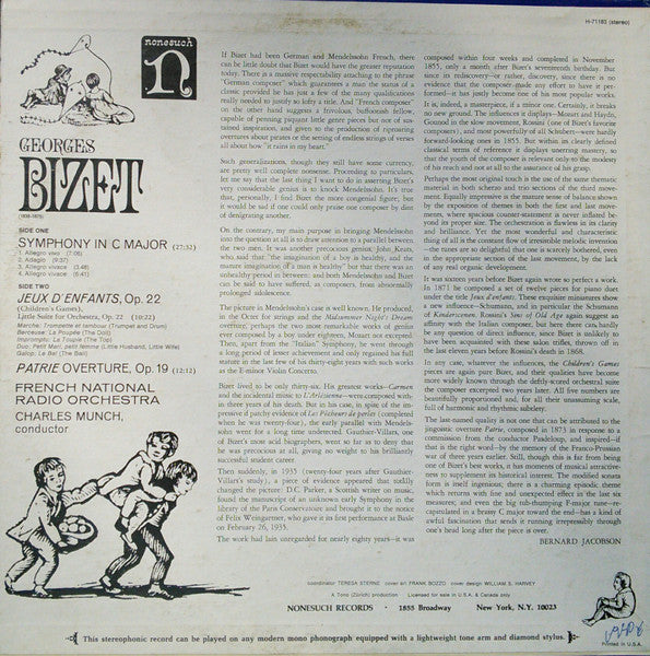 Georges Bizet, French National Radio Orchestra*, Charles Munch : Symphony In C Major / Jeux D'Enfants, Op. 22 / Patrie Overture, Op. 19 (LP)