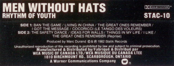 Men Without Hats : Rhythm Of Youth (Cass, Album)