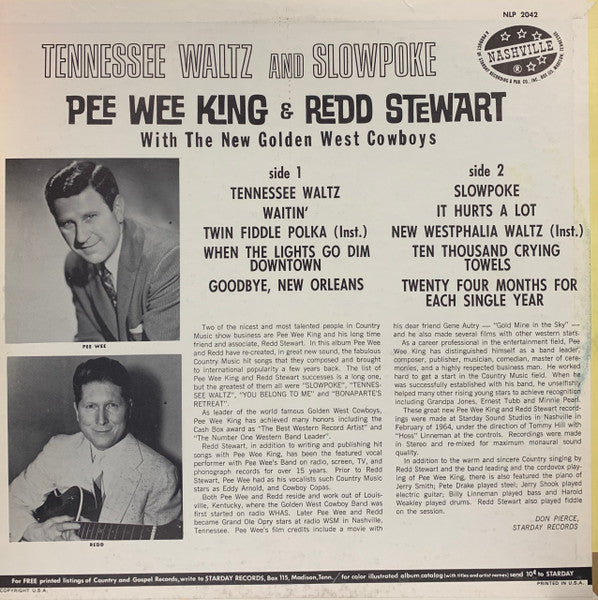 Pee Wee King & Redd Stewart With Golden West Cowboys : Tennessee Waltz And Slowpoke (LP, Album, Mono, RE)