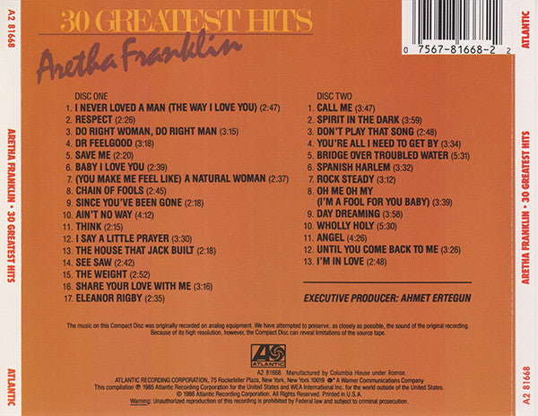 Aretha Franklin : 30 Greatest Hits (2xCD, Comp, Club, RM)