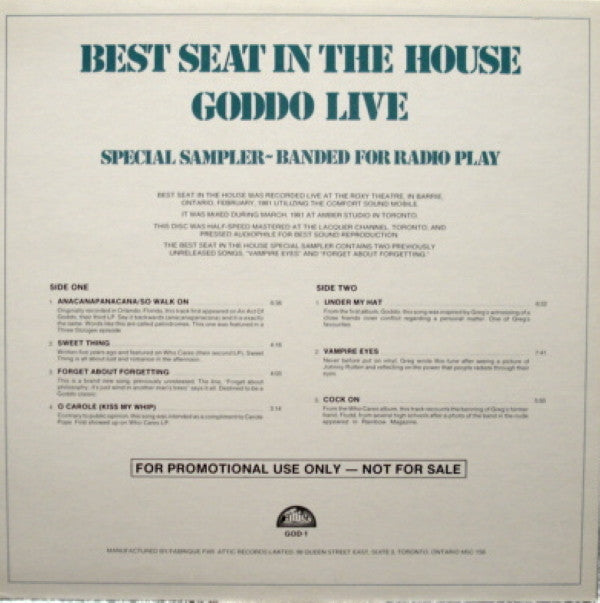 Goddo : Best Seat In The House Goddo Live Special Sampler (LP, Album, Promo)