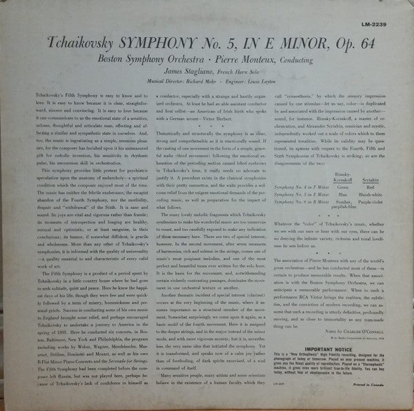 Pyotr Ilyich Tchaikovsky, Pierre Monteux Conducting The Boston Symphony Orchestra : Symphony No. 5 (LP, Album, Mono)