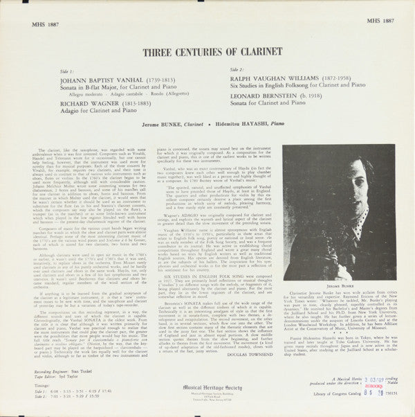 Johann Baptist Vanhal / Richard Wagner / Ralph Vaughan Williams / Leonard Bernstein, Jerome Bunke ,  Hidemitsu Hayashi : Three Centuries of Clarinet (LP)