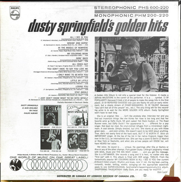 Dusty Springfield : Dusty Springfield's Golden Hits (LP, Comp)