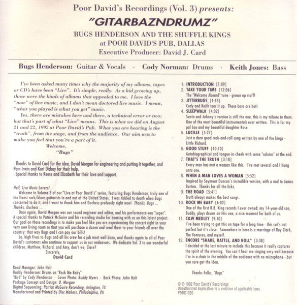 Bugs Henderson & The Shuffle Kings : Gitarbazndrums (CD, Album)