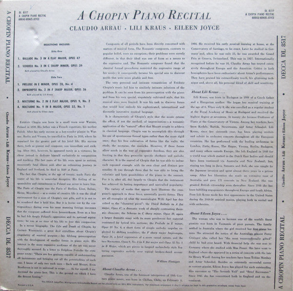 Frédéric Chopin - Claudio Arrau / Lili Kraus / Eileen Joyce : A Chopin Piano Recital (LP)