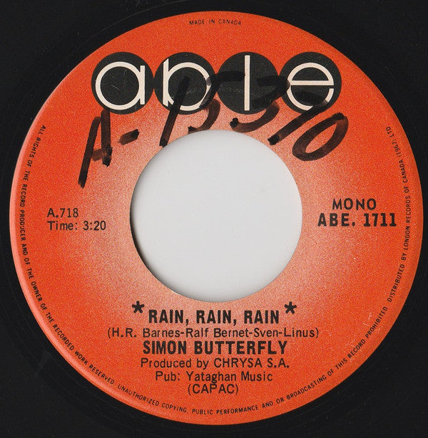 Simon Butterfly : Rain, Rain, Rain (7", Mono)