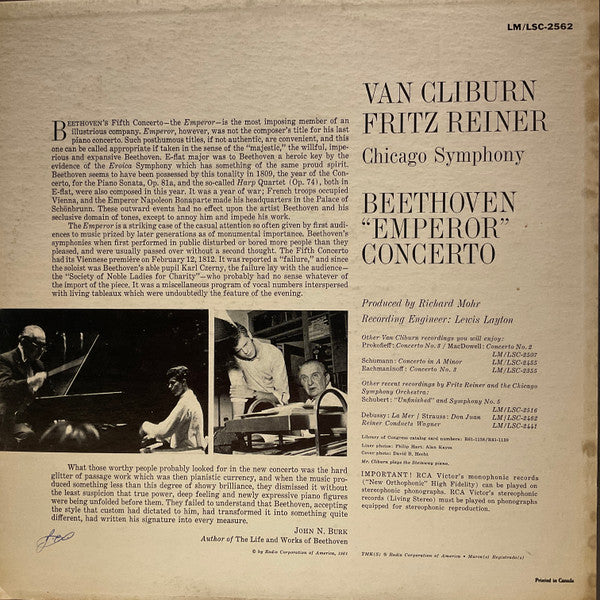 Van Cliburn, Chicago Symphony Orchestra, Fritz Reiner - Ludwig van Beethoven : "Emperor" Concerto (LP, Album, Mono)