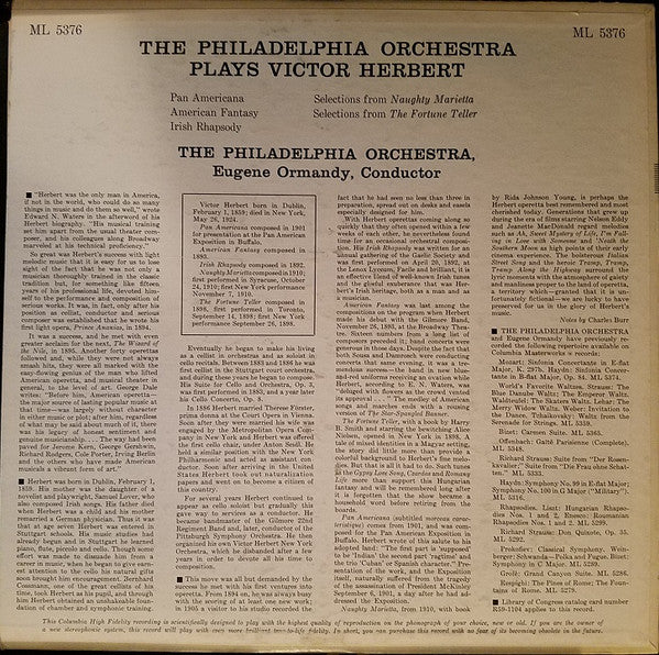 The Philadelphia Orchestra, Eugene Ormandy : The Philadelphia Orchestra Plays Victor Herbert (LP, Album, Mono, RE, Rei)