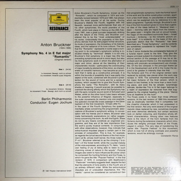 Anton Bruckner, Eugen Jochum, Berlin Philharmonic* : Symphony No. 4 »Romantic« (LP, RE)