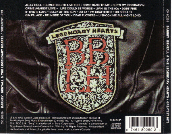 Barney Bentall And The Legendary Hearts : Greatest Hits 1986 - 1996 (CD, Comp)