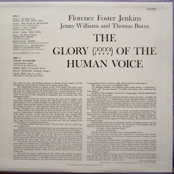 Florence Foster Jenkins / Jenny Williams And Thomas Burns : The Glory (????) Of The Human Voice (LP, Album, Mono, RP)