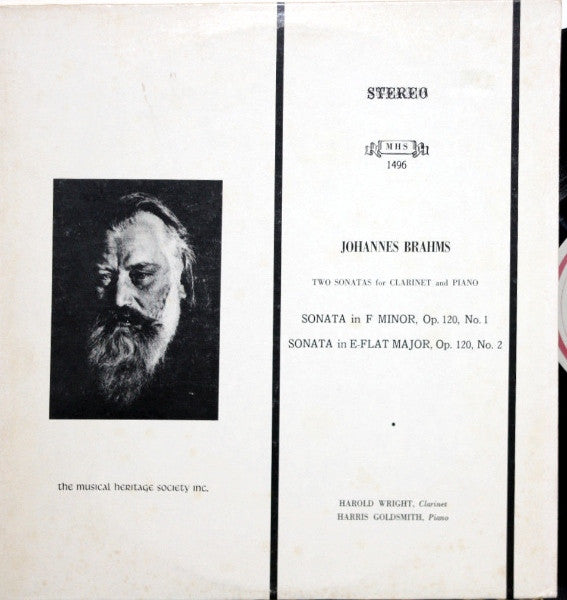 Harold Wright, Harris Goldsmith : Brahms: Two Sonatas For Clarinet And Piano (LP)