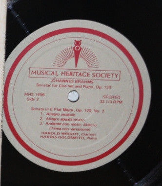 Harold Wright, Harris Goldsmith : Brahms: Two Sonatas For Clarinet And Piano (LP)