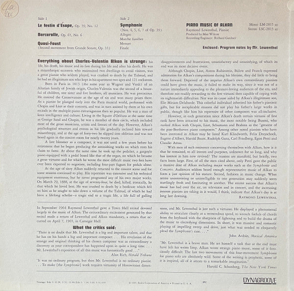 Charles-Valentin Alkan, Raymond Lewenthal : Piano Music (LP, Mono)