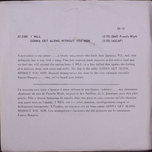 Pamela Blyth : I Will / Gonna Get Along Without You Now (7")