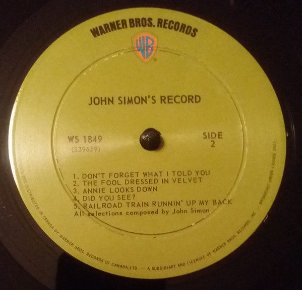 John Simon : John Simon's Album (LP, Album, Gat)