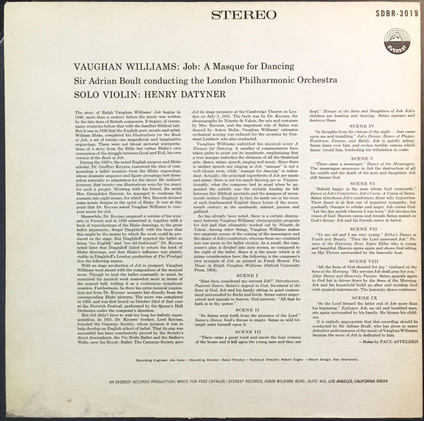 Ralph Vaughan Williams - Sir Adrian Boult, The London Philharmonic Orchestra : Job "A Masque For Dancing" (LP, RE)