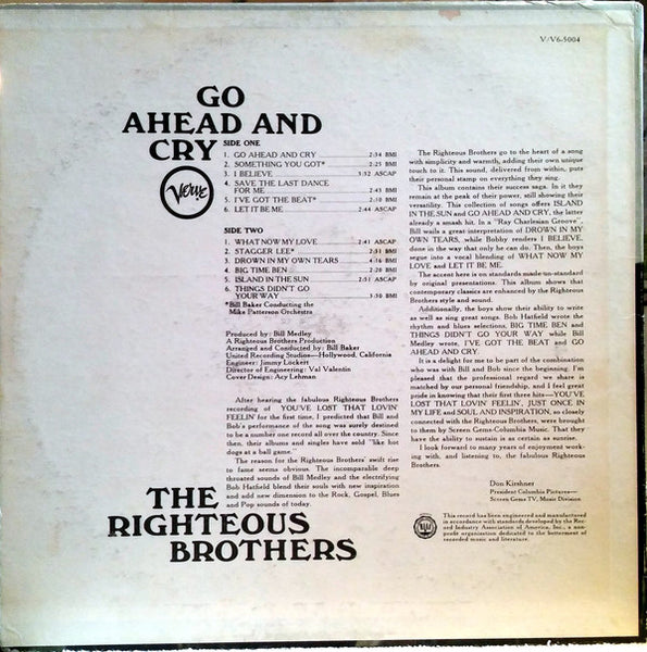 The Righteous Brothers : Go Ahead And Cry (LP, Album, Mono)