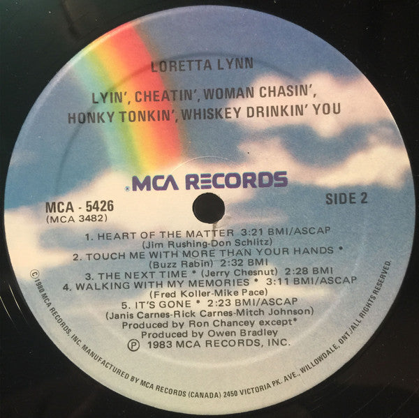 Loretta Lynn : Lyin', Cheatin', Woman Chasin', Honky Tonkin', Whiskey Drinkin' You (LP, Album)