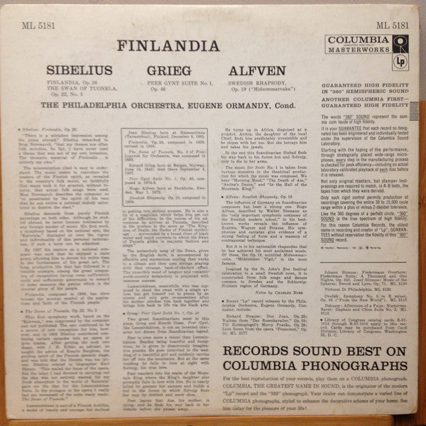 The Philadelphia Orchestra, Eugene Ormandy / Jean Sibelius, Edvard Grieg, Hugo Alfvén : Finlandia (LP, Mono)