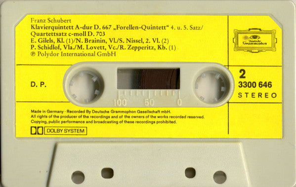 Schubert* - Emil Gilels • Amadeus Quartet*, Rainer Zepperitz : The Trout • Die Forelle, Quartettsatz D. 703 (Cass, Dol)
