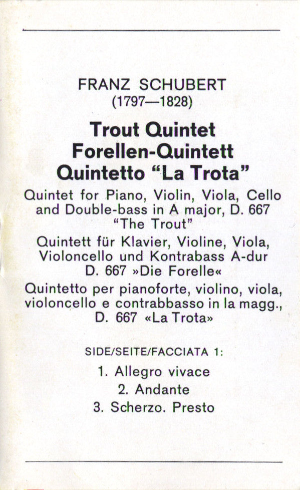 Schubert* - Emil Gilels • Amadeus Quartet*, Rainer Zepperitz : The Trout • Die Forelle, Quartettsatz D. 703 (Cass, Dol)