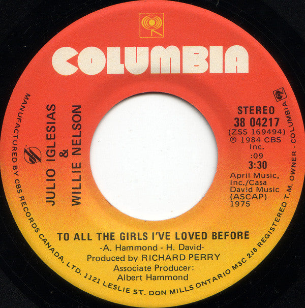 Julio Iglesias & Willie Nelson : To All The Girls I've Loved Before (7", Single)