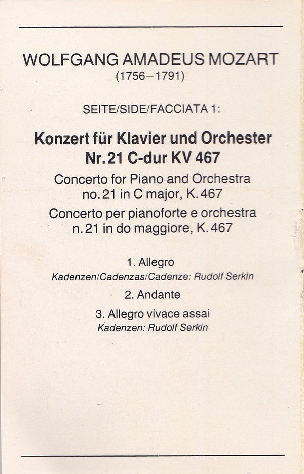 Wolfgang Amadeus Mozart – London Symphony Orchestra* - Rudolf Serkin · Claudio Abbado : Klavierkonzerte · Piano Concertos Nos. 21 & 23 (Cass, Chr)